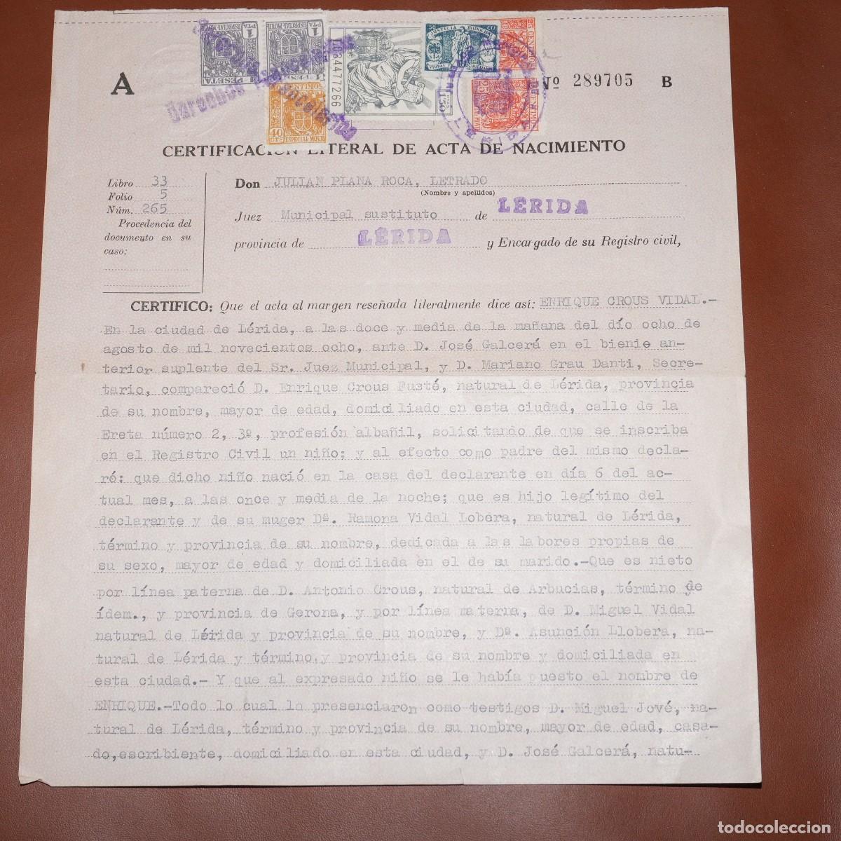 Otros objetos de arte: CERTIFICADO DE NACIMIENTO DE ENRIC CROUS VIDAL - LERIDA - Foto 2