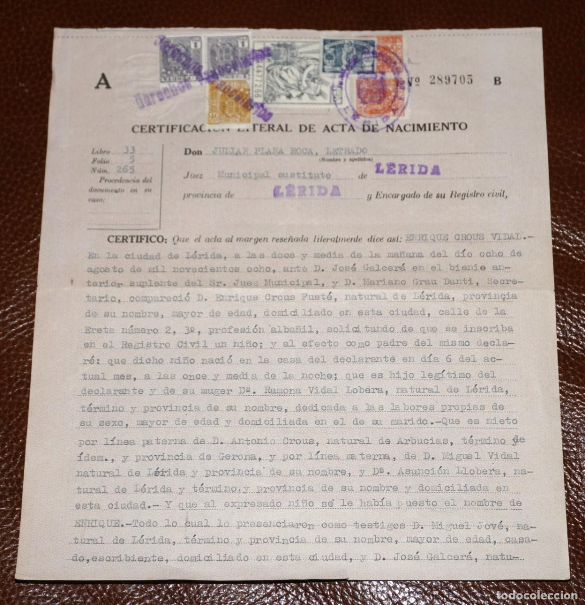 Otros objetos de arte: CERTIFICADO DE NACIMIENTO DE ENRIC CROUS VIDAL - LERIDA - Foto 1