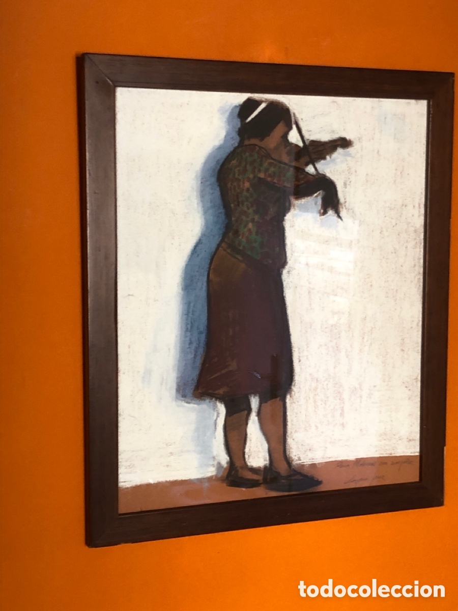 Otros objetos de arte: Pintura mujer tocando viol&iacute;n (a&ntilde;os 60) - Foto 2