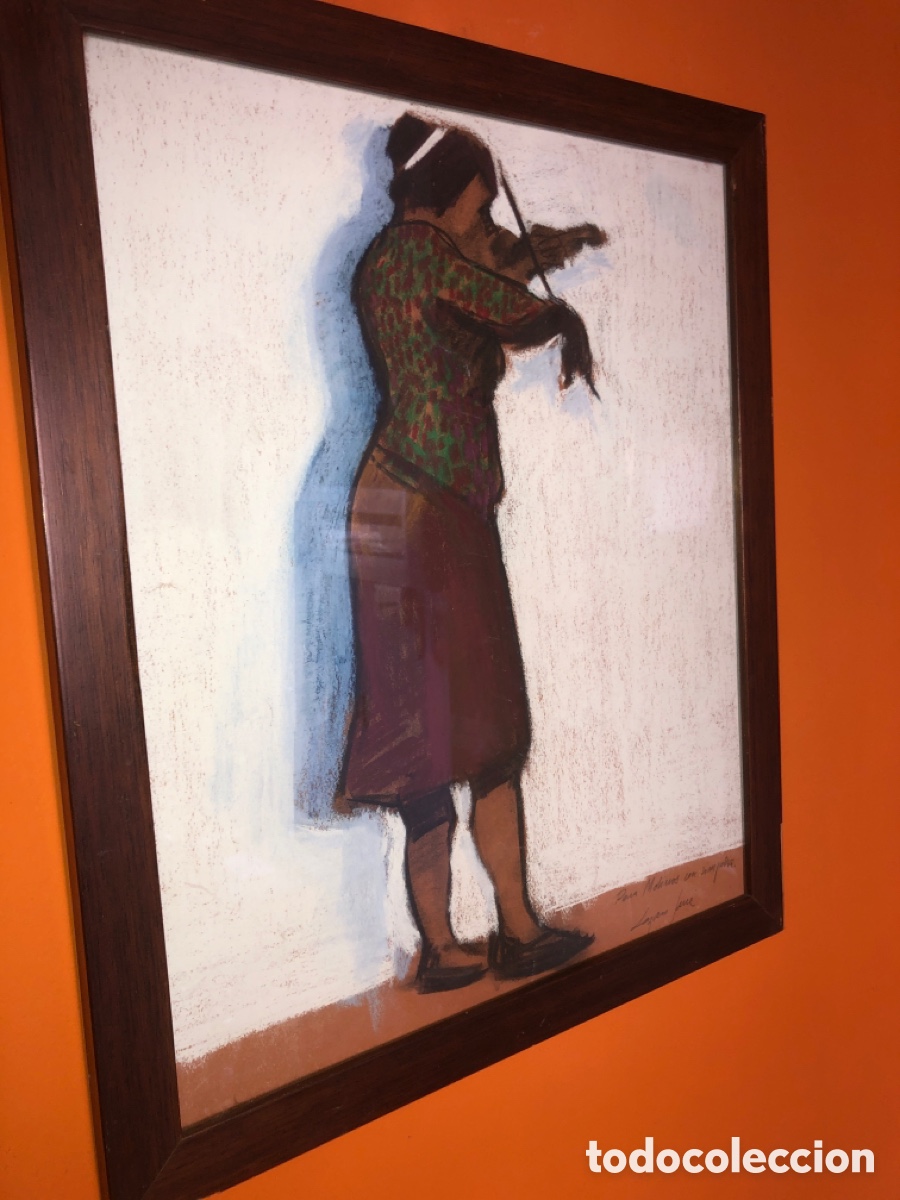 Otros objetos de arte: Pintura mujer tocando viol&iacute;n (a&ntilde;os 60) - Foto 4