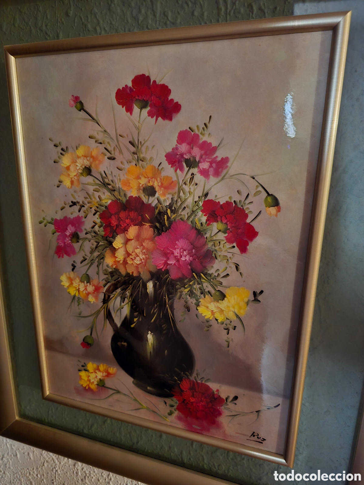 Otros objetos de arte: Cuadro antiguo vintage flores en jarr&oacute;n - Foto 2