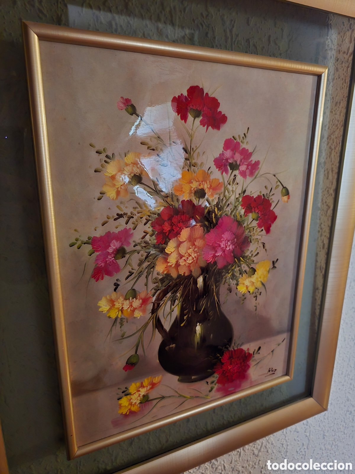 Otros objetos de arte: Cuadro antiguo vintage flores en jarr&oacute;n - Foto 3
