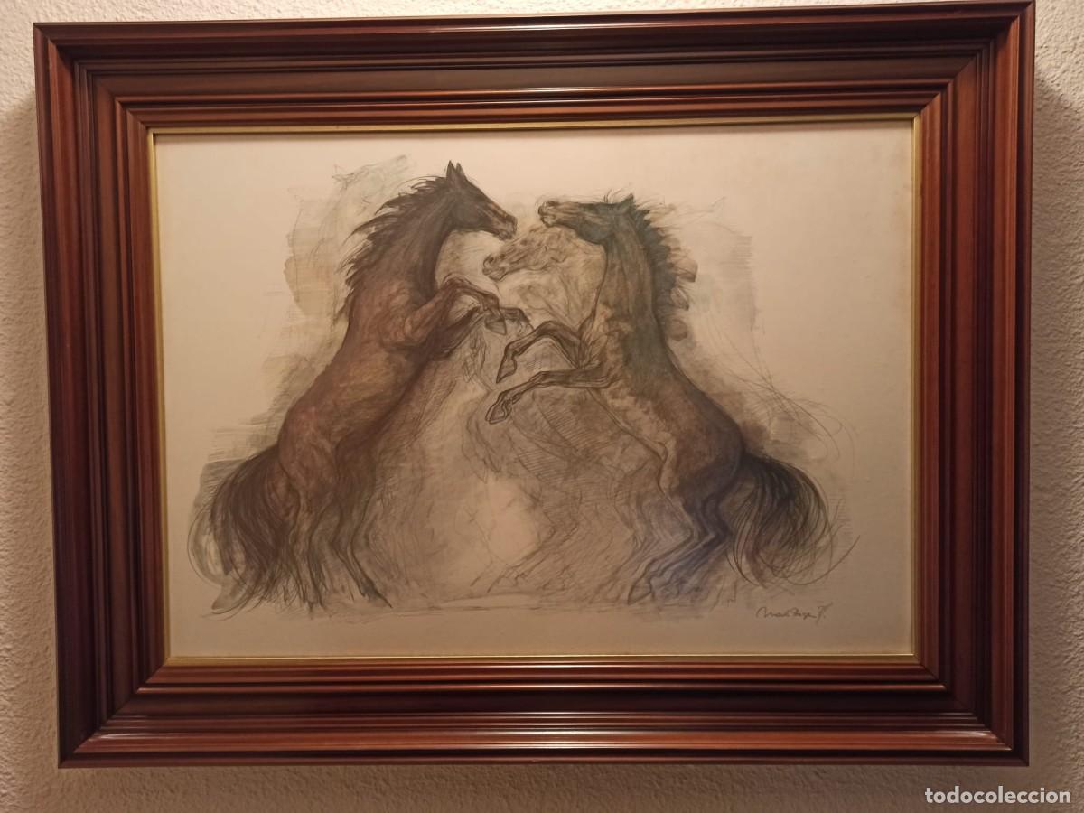 Otros Objetos de Arte: CUADRO PELEA DE CABALLOS ACUARELA MEDIDAS MARCO LARGO 105 ANCHO 80 PINTURA 84 X 59 CENTIMRETOS