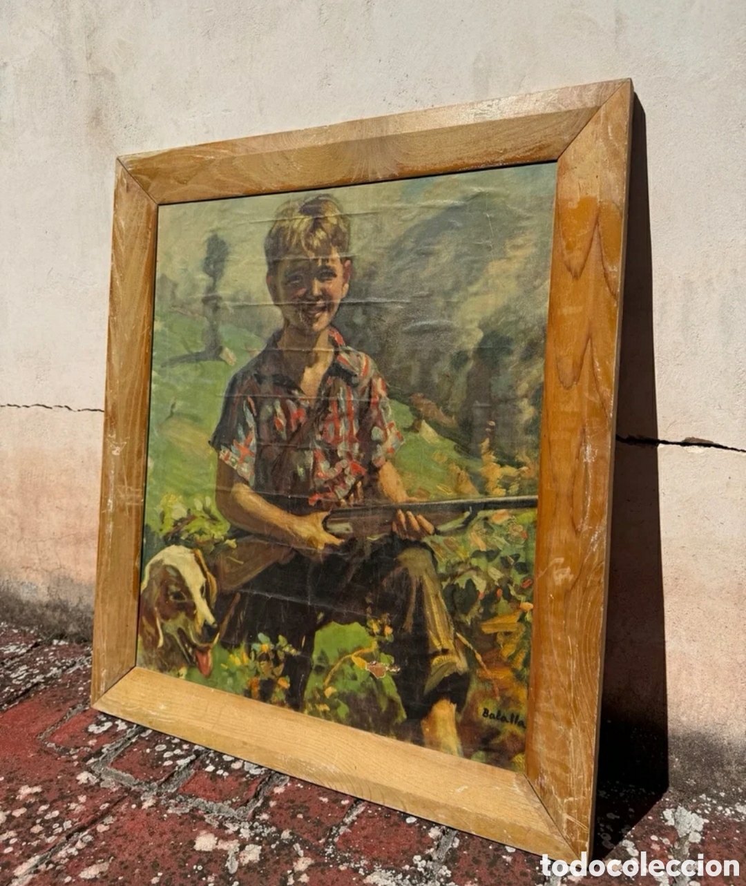 Otros objetos de arte: Cuadro antiguo ni&ntilde;o cazando - Foto 2