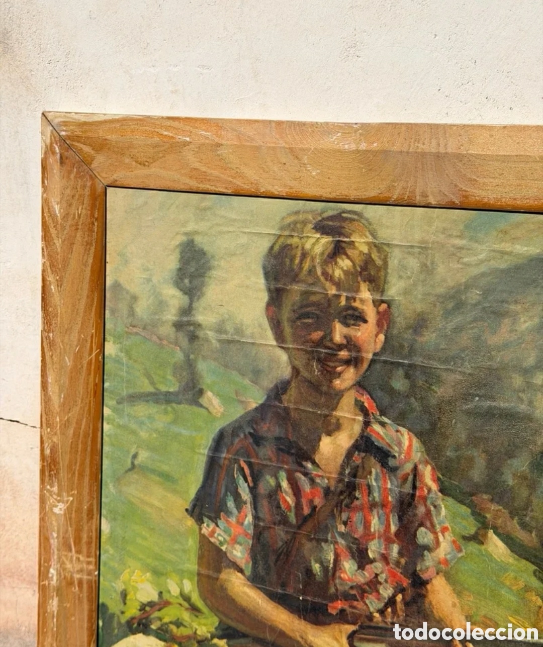 Otros objetos de arte: Cuadro antiguo ni&ntilde;o cazando - Foto 4