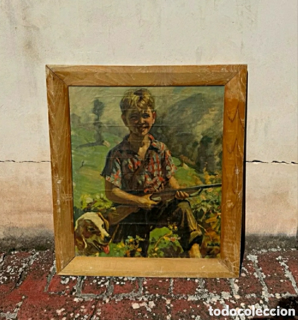 Otros objetos de arte: Cuadro antiguo ni&ntilde;o cazando - Foto 1