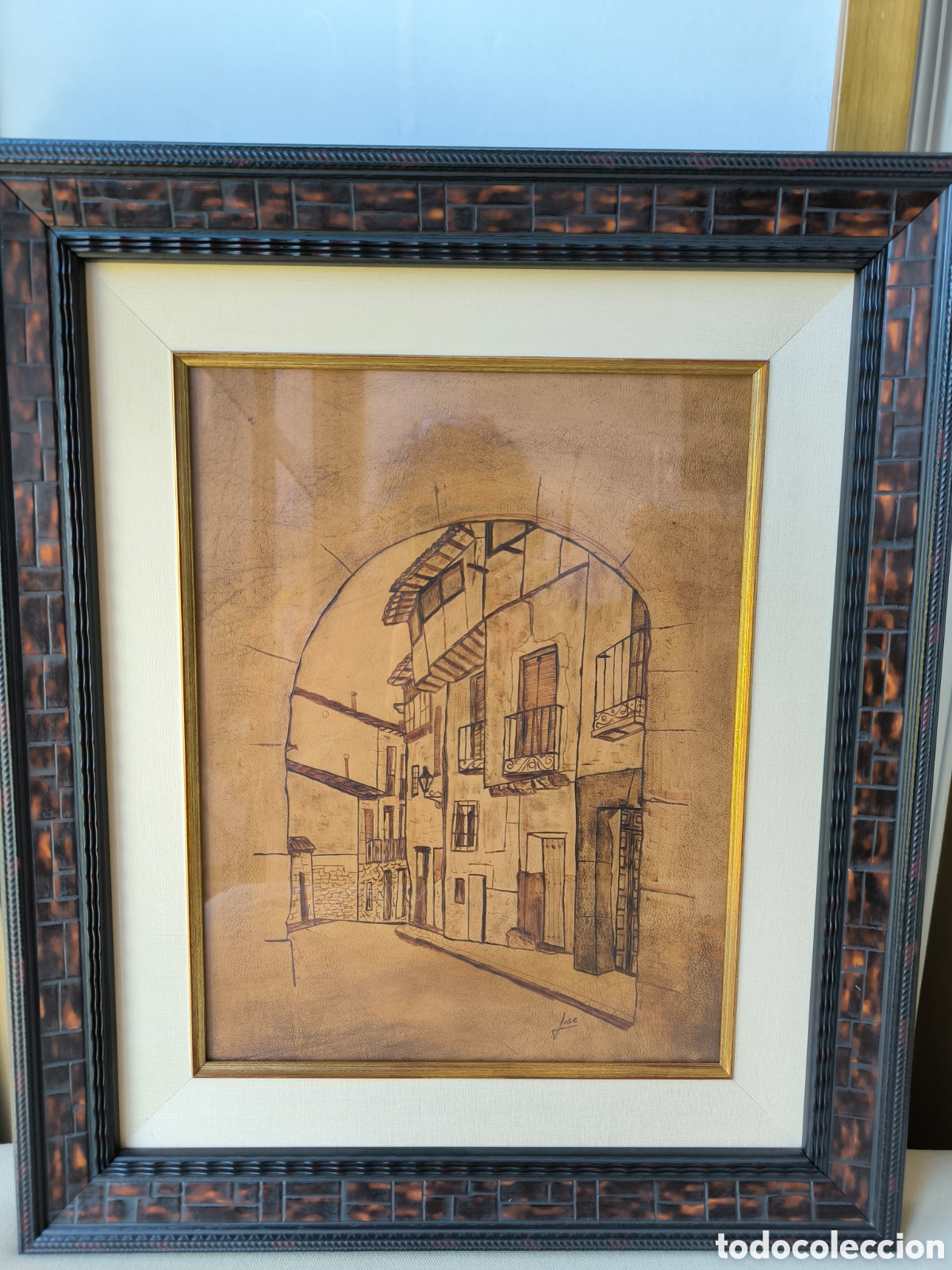 Art: Pintura en cuero Arco de San Francisco .Pastrana (Guadalajara). Firmado Jose