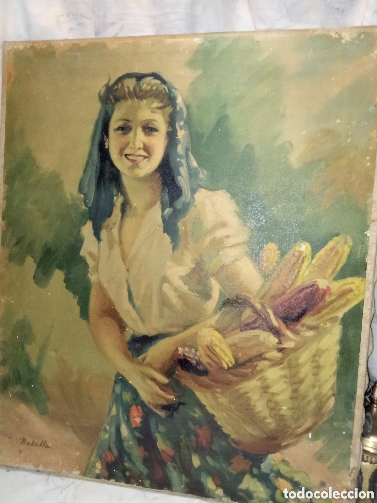 Otros Objetos de Arte: BONITA L&Aacute;MINA DE BATALLA PEGADA A UNA TELA Y CON BASTIDOR