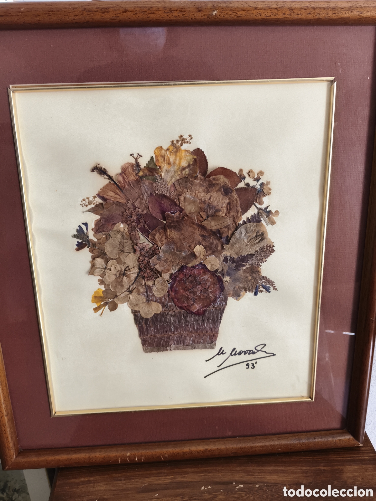 Otros Objetos de Arte: Gran cuadro vintage con bouquet maceta con flores, realizado con flores secas