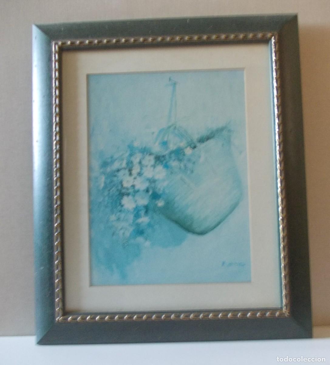 Otros Objetos de Arte: Cuadro Bodeg&oacute;n Cesta Flores Tonos Azules Bernet L&aacute;mina Art&iacute;stica marco verde dorado