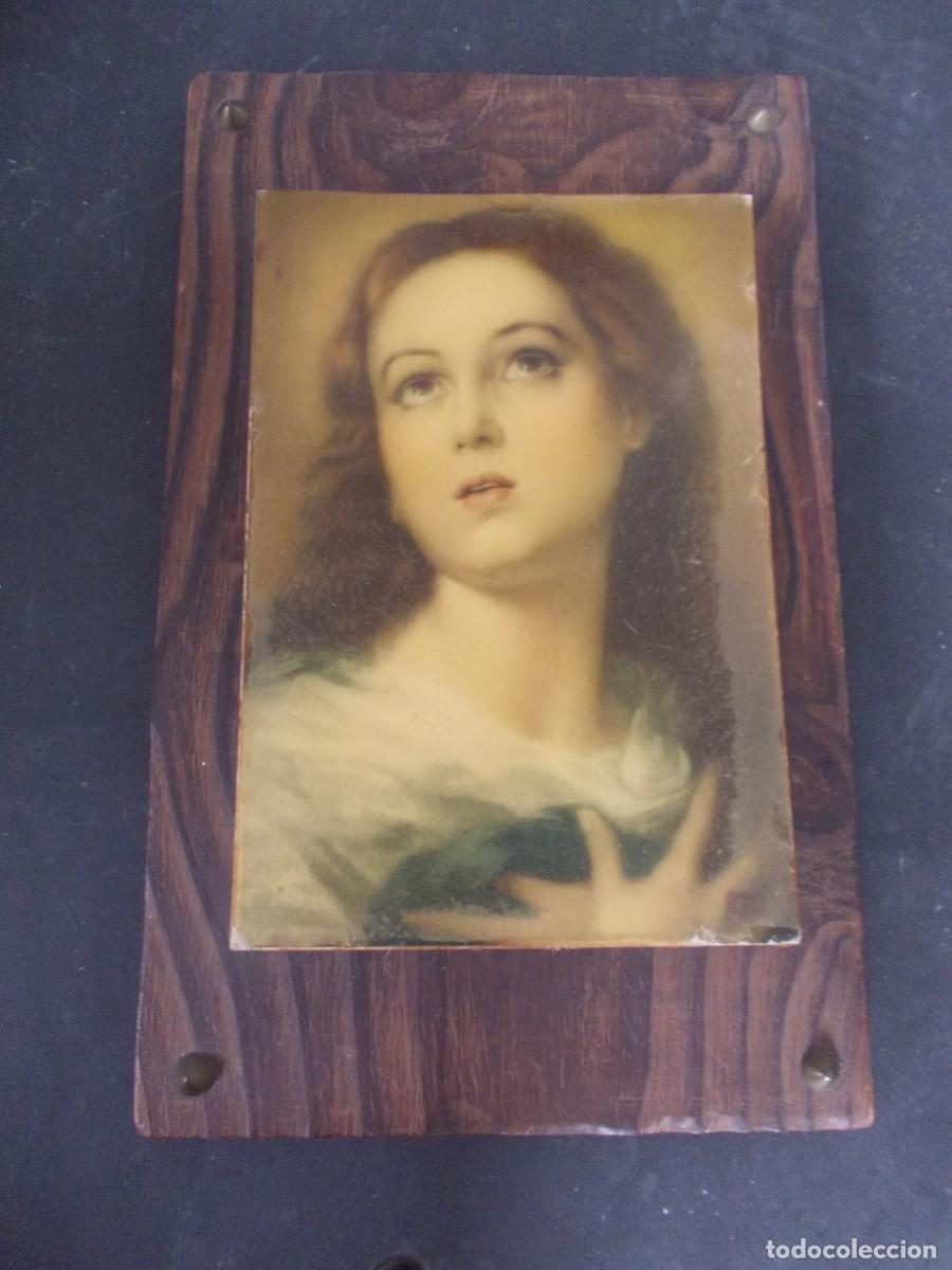Otros Objetos de Arte: Cuadro Religioso Virgen Mar&iacute;a Tablilla Madera Clavos Lat&oacute;n L&aacute;mina retro Arte Sacro Devoci&oacute;n