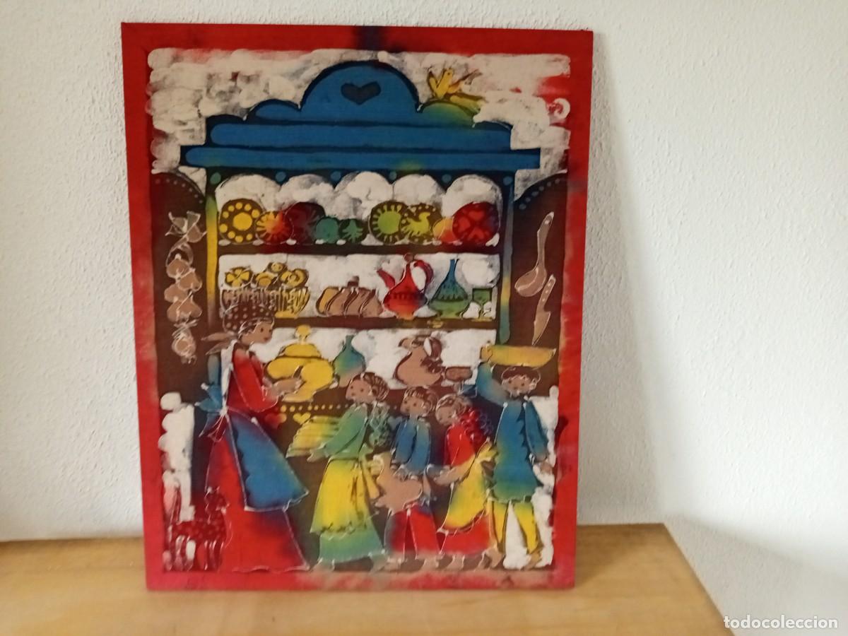 Otros Objetos de Arte: Pintura de Tienda con personas original de Batik antigua