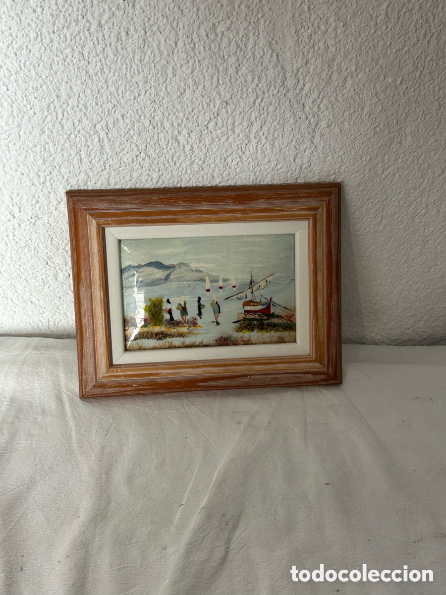 Otros Objetos de Arte: Paisaje marinero esmalte al fuego sobre cobre enmarcado vintag