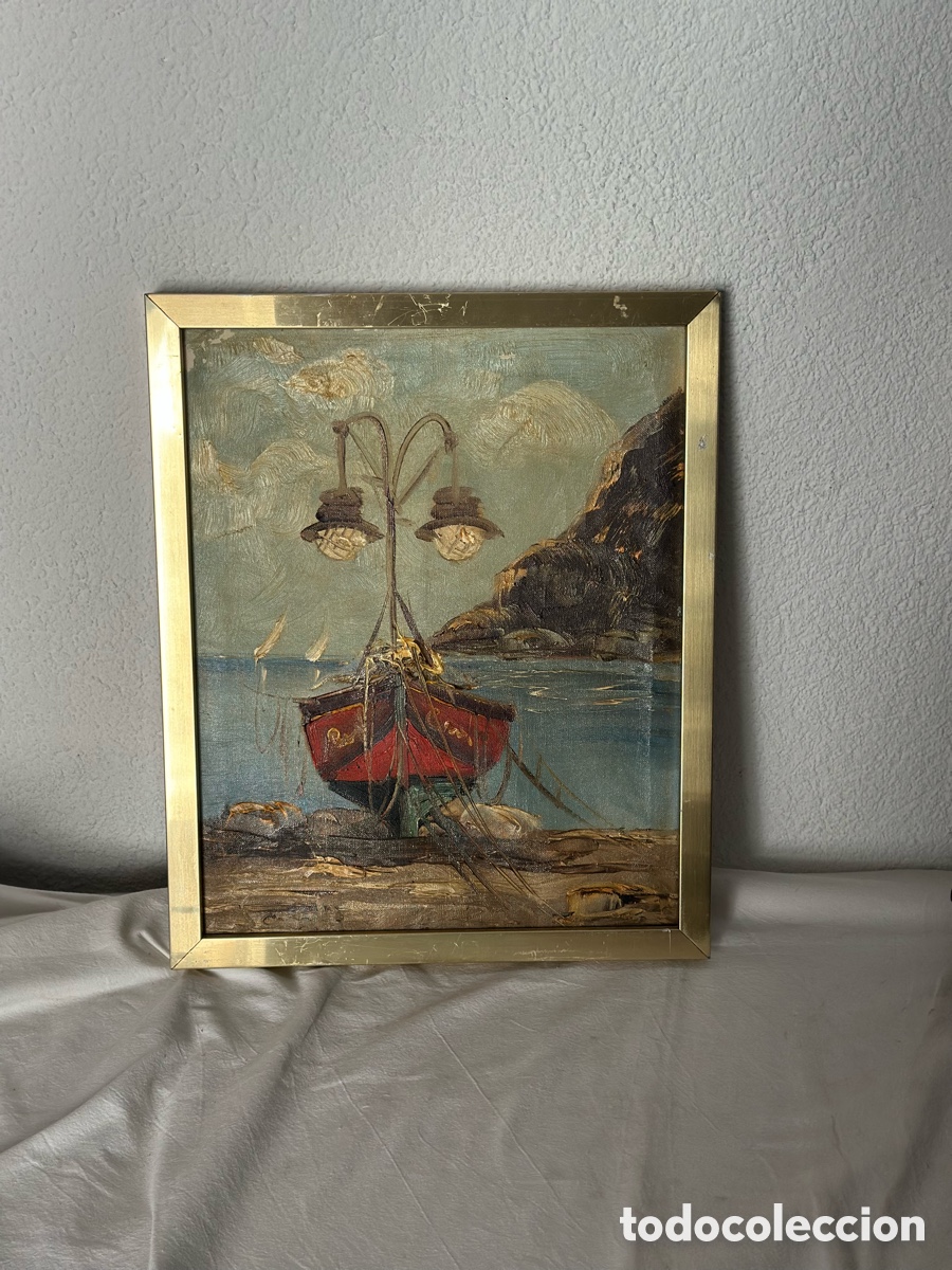 Otros Objetos de Arte: &Oacute;leo sobre lienzo marina con barca roja y farolas firmado enmarcado