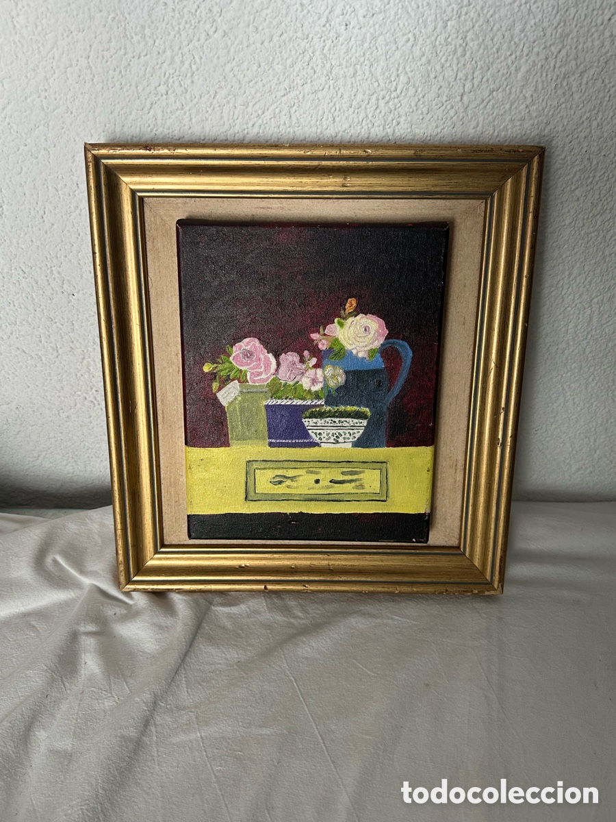 Otros Objetos de Arte: &Oacute;leo sobre lienzo bodeg&oacute;n floral moderno firmado enmarcado dorado