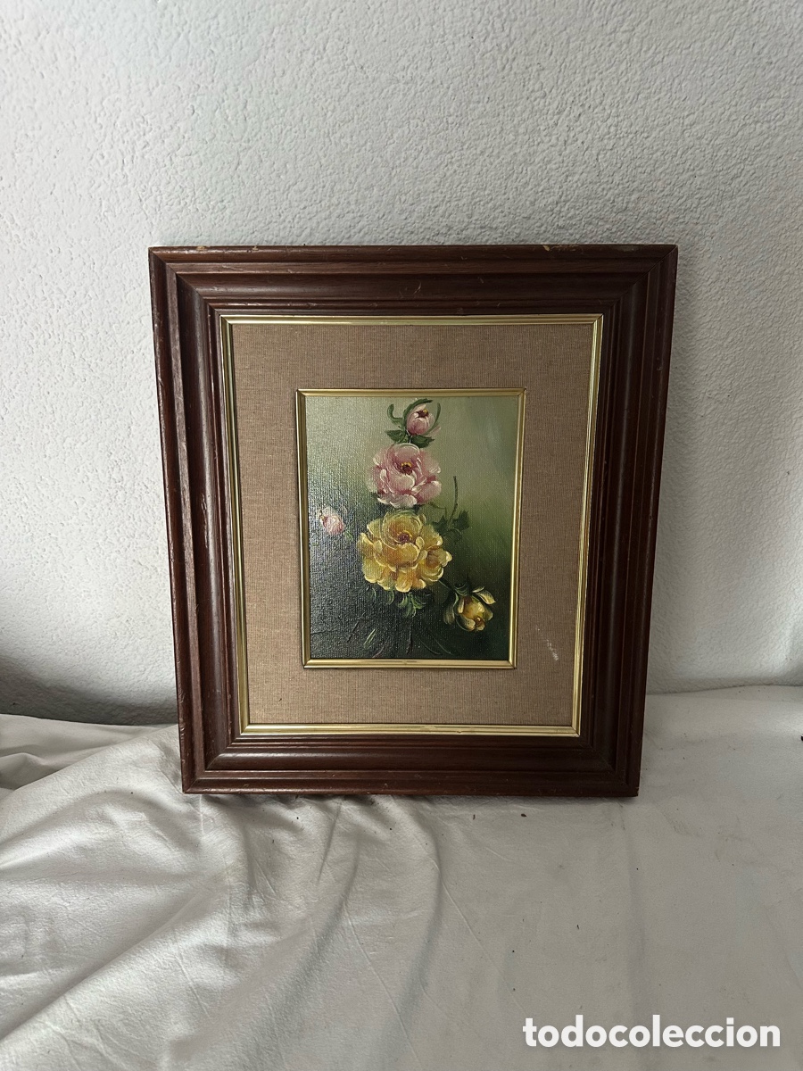 Other art objects: Antiguo &oacute;leo sobre lienzo flores firmado enmarcado composici&oacute;n cl&aacute;sica