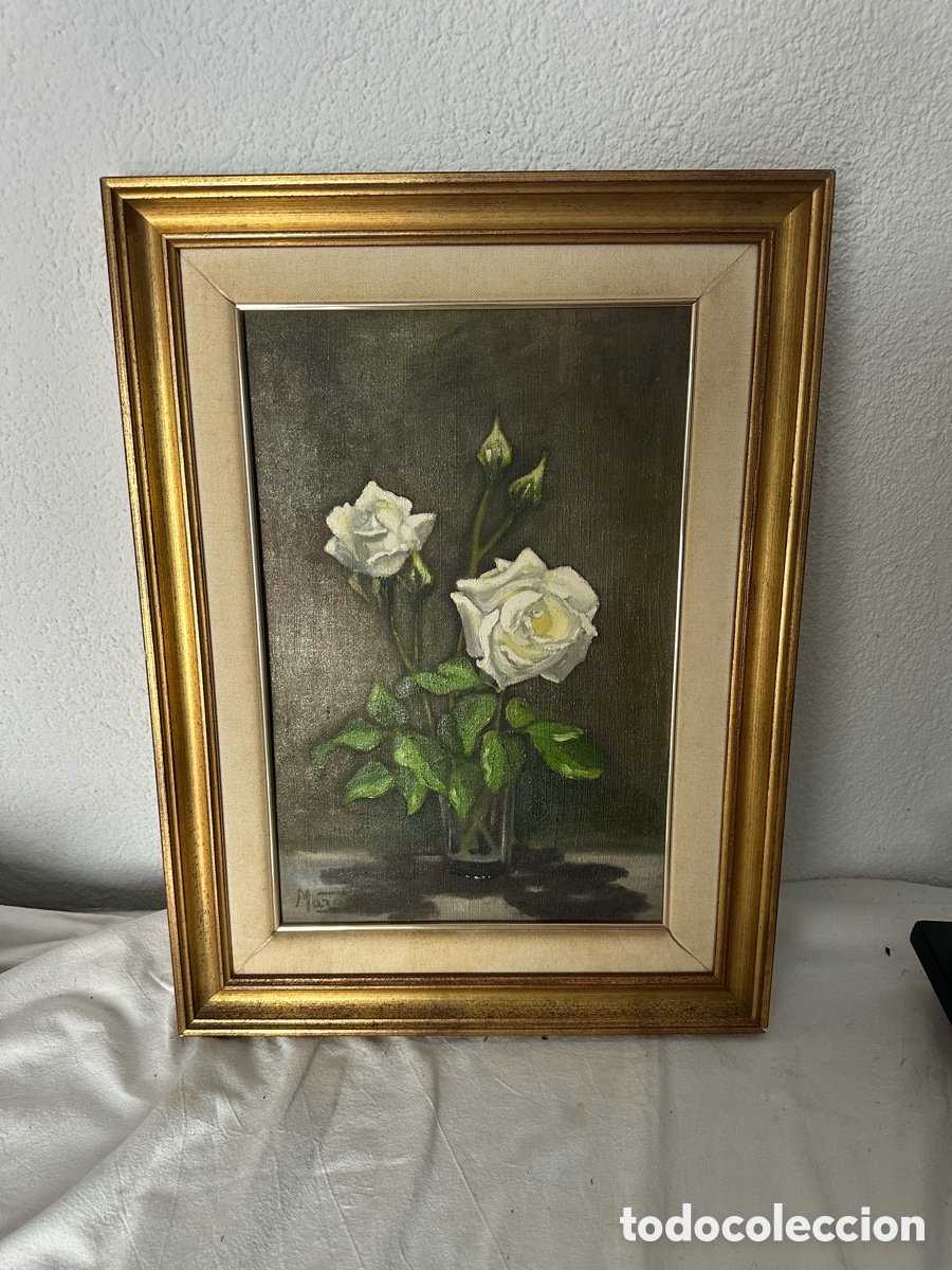 Andere Kunstgegenst&auml;nde: Antiguo &oacute;leo sobre lienzo bodeg&oacute;n flores blancas firmado enmarcado