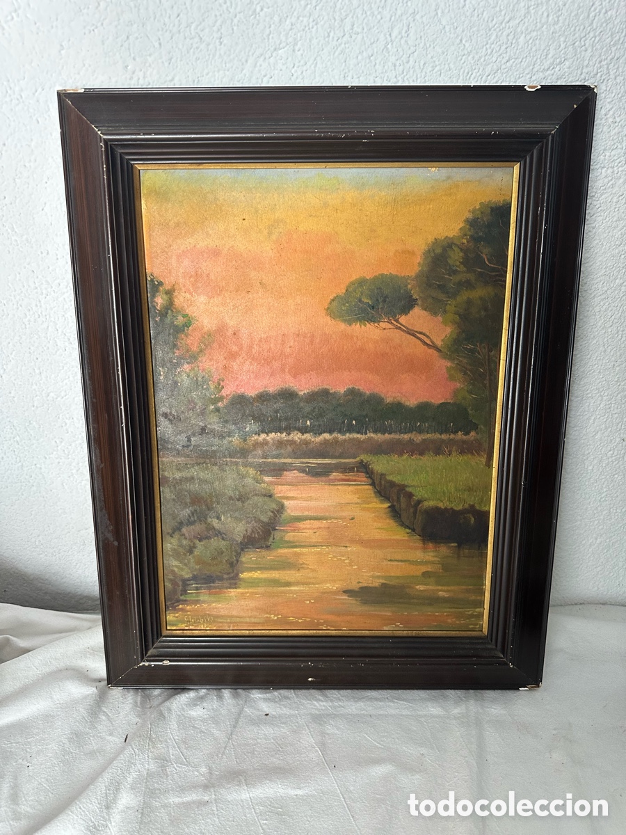 Arte: Antiguo &oacute;leo sobre tabla paisaje fluvial firmado y fechado 1973 enmarcado