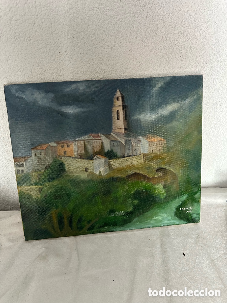 Otros Objetos de Arte: Antiguo &oacute;leo sobre lienzo paisaje con iglesia firmado J Garc&iacute;a 2000