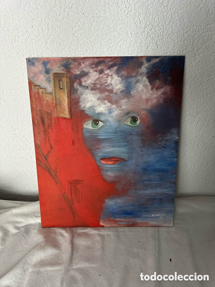 Otros Objetos de Arte: &Oacute;leo sobre tablex surrealista rostro y paisaje firmado I Garc&iacute;a 2001