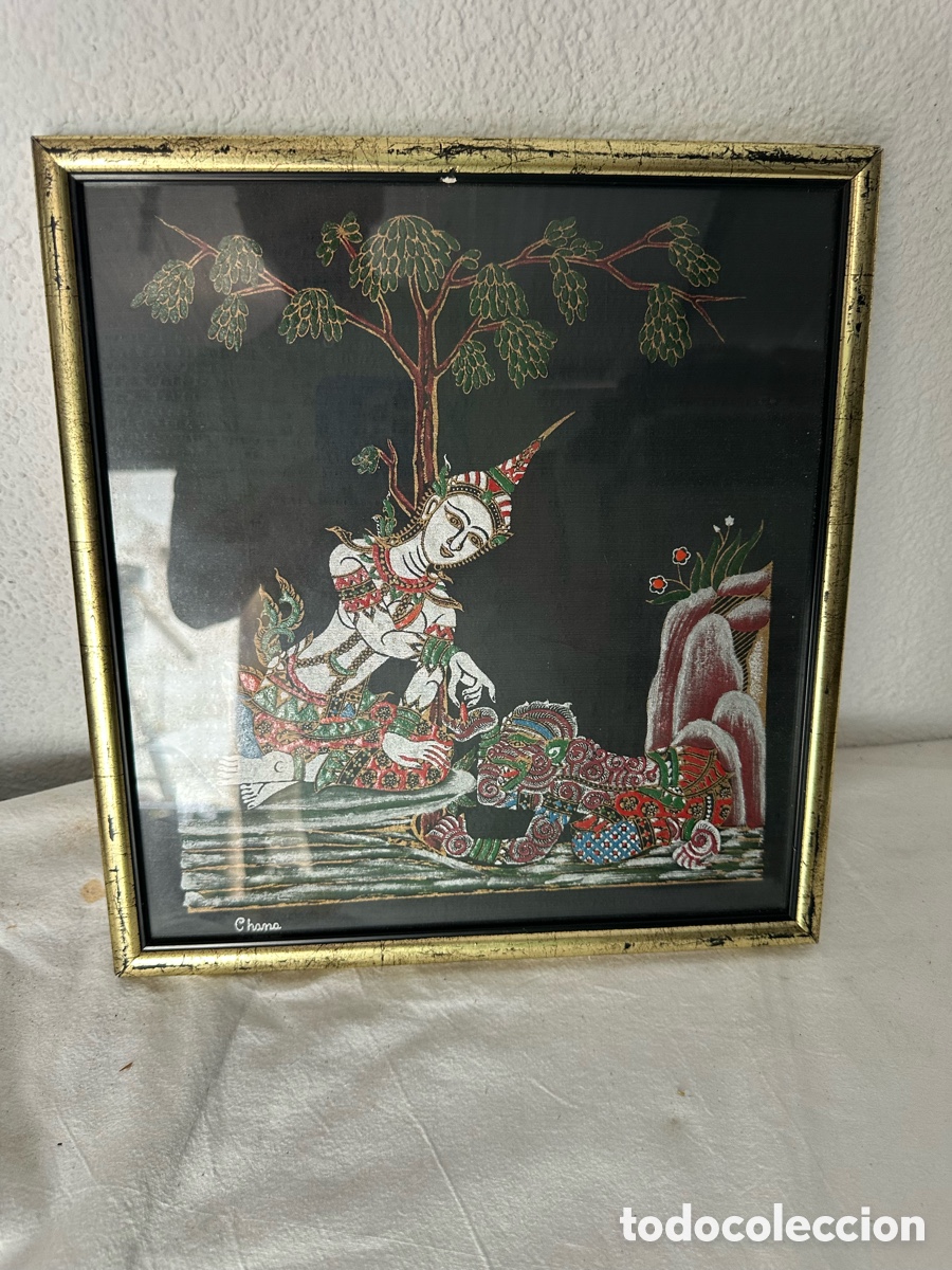 Otros Objetos de Arte: Pintura oriental sobre seda escena mitol&oacute;gica firmada enmarcada