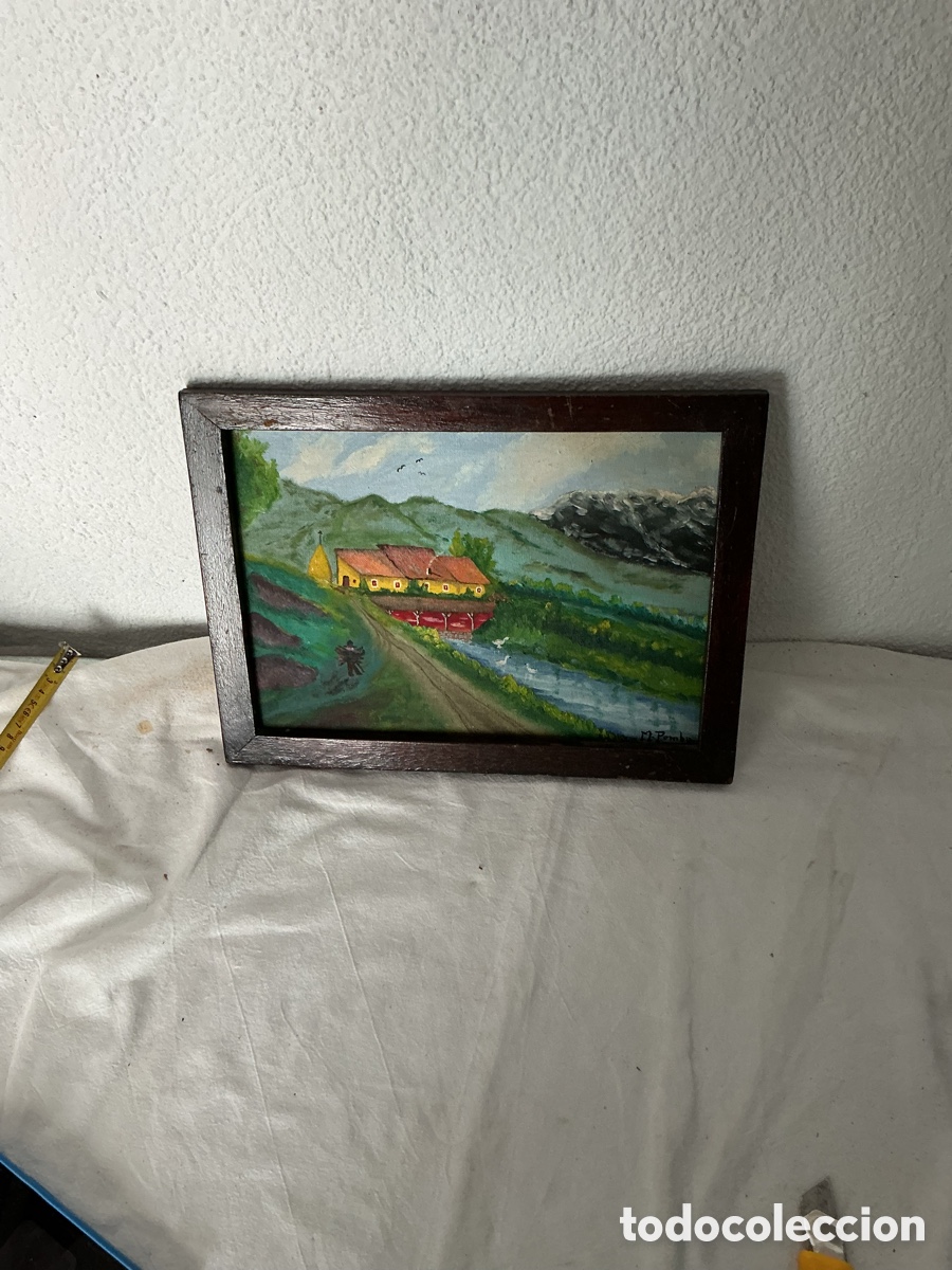 Otros Objetos de Arte: &Oacute;leo sobre lienzo paisaje rural firmado M Pambo casa r&iacute;o y monta&ntilde;a enmarcado