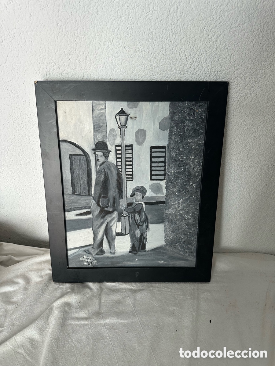 Otros Objetos de Arte: &Oacute;leo sobre lienzo escena tipo Chaplin en blanco y negro padre e hijo enmarcado