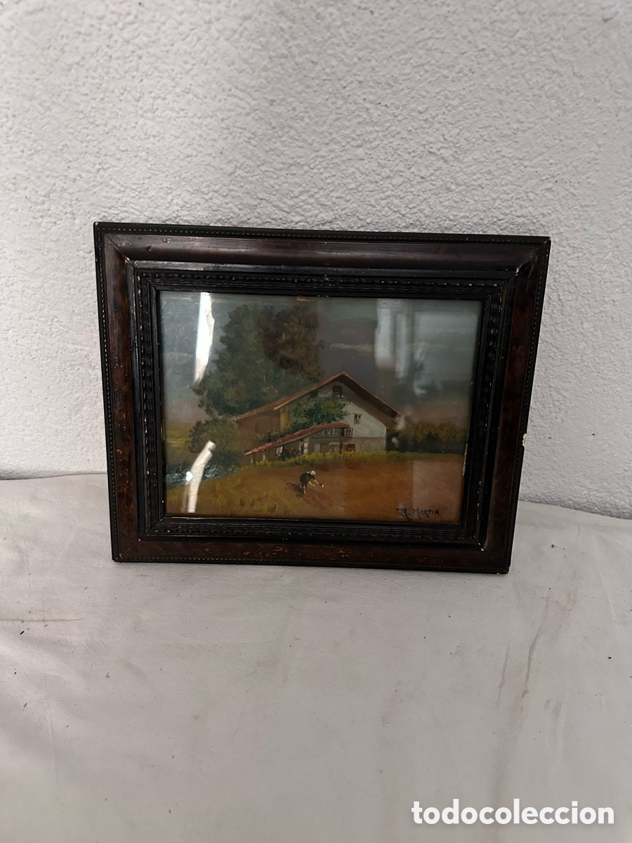 Otros Objetos de Arte: Cuadro pintura bajo doble cristal firmado M Mart&iacute;n escena rural enmarcado