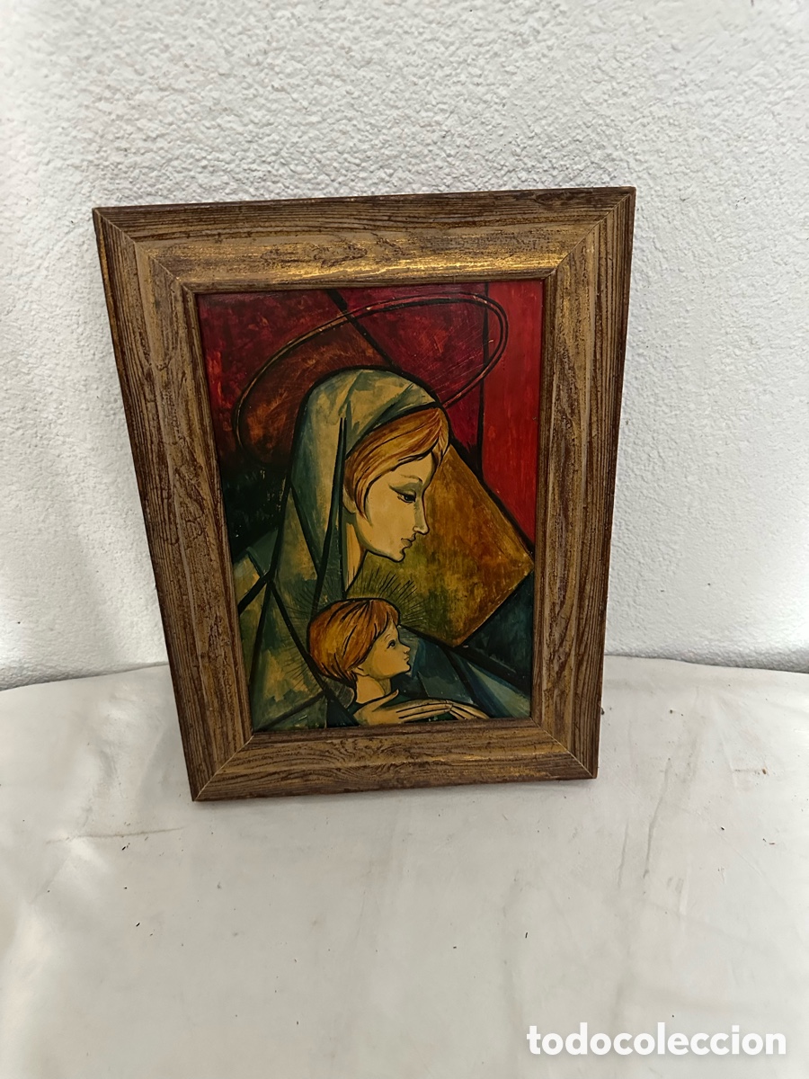 Otros Objetos de Arte: Cuadro religioso Virgen con Ni&ntilde;o estilo moderno &oacute;leo sobre tabla enmarcado