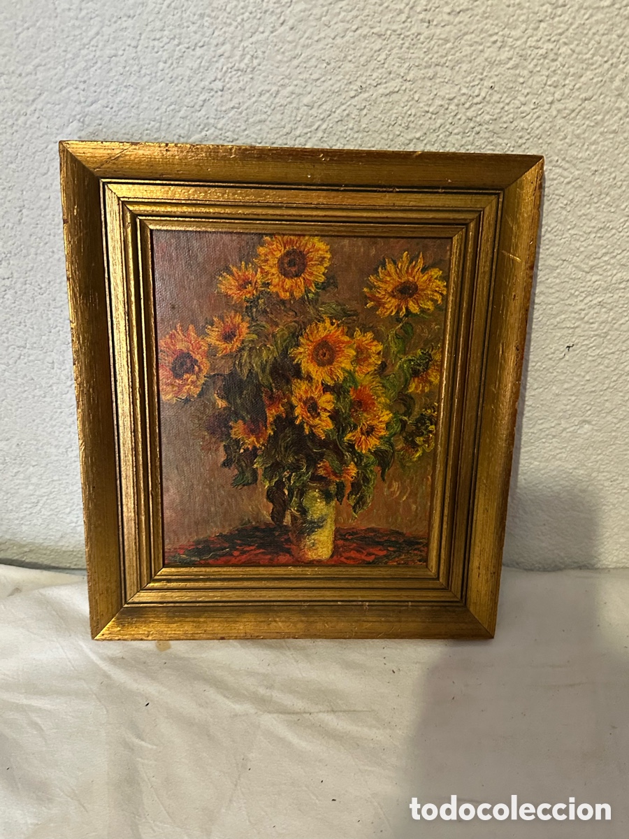 Otros Objetos de Arte: Bodeg&oacute;n girasoles estilo Monet copia &oacute;leo sobre lienzo enmarcado