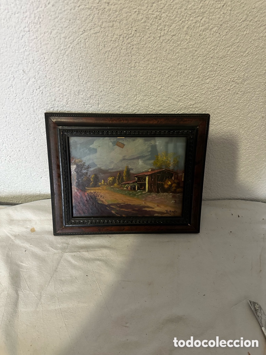 Otros Objetos de Arte: Pintura sobre cristal doble paisaje rural firmado enmarcado