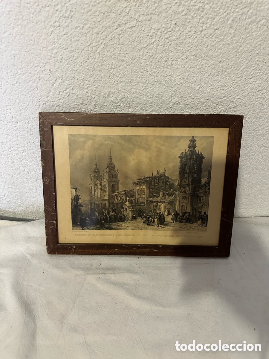 Otros Objetos de Arte: Grabado antiguo Street of San Bernardo Madrid siglo XIX enmarcado