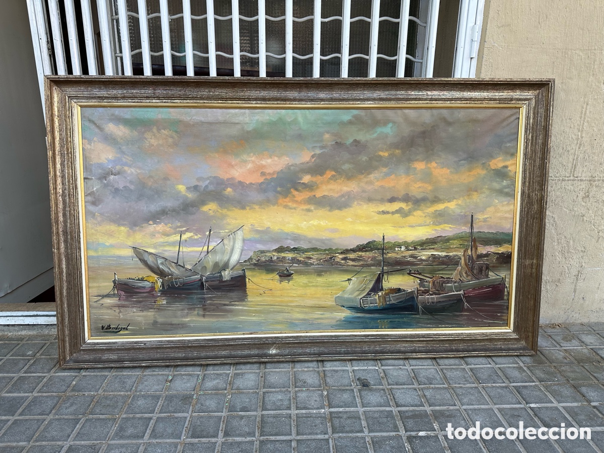Otros Objetos de Arte: Gran &oacute;leo sobre lienzo marina barcos atardecer firmado enmarcado