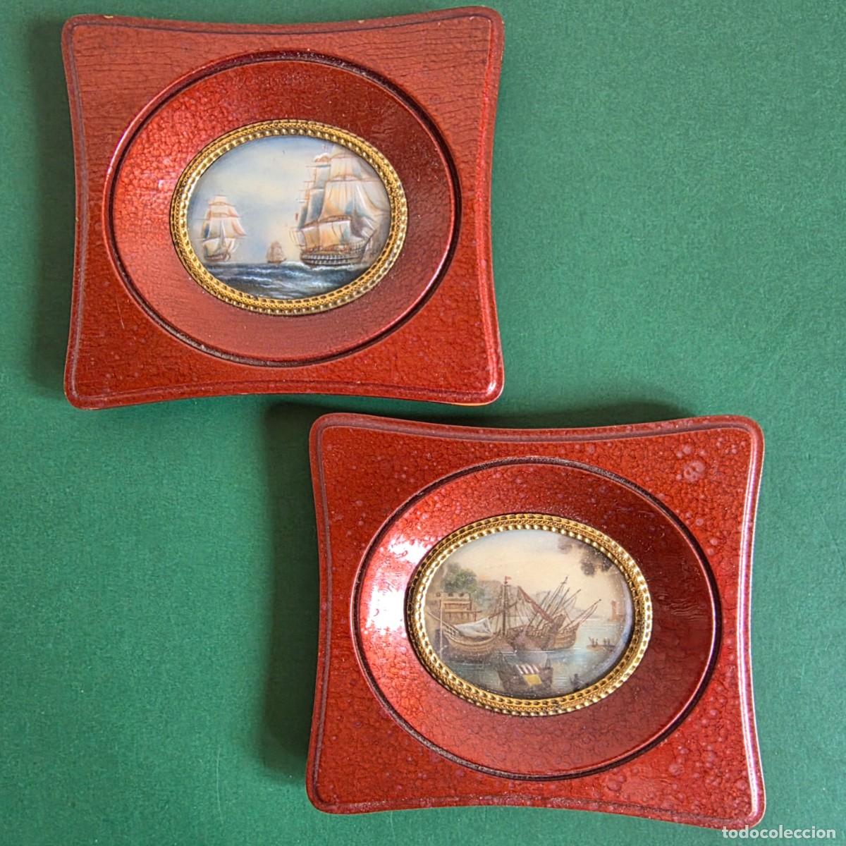 Otros Objetos de Arte: MINIATURA PINTADA A MANO ENMARCADA EN MADERA 2 juntos la pareja &ndash; una marina