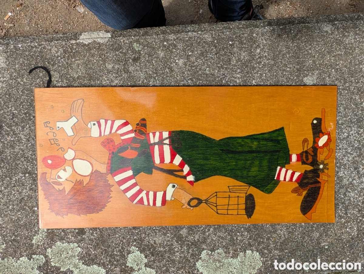 Otros Objetos de Arte: Cuadro vintage de madera lacada - Personaje Payaso Arlequ&iacute;n - Estilo Retro a&ntilde;os 70/80 - 30x15 cm (ap