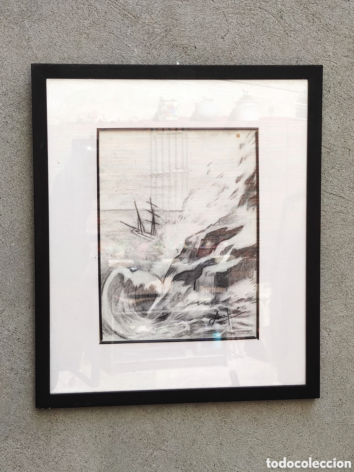 Otros Objetos de Arte: Cuadro dibujo carboncillo Acantilado y velero desarbolado - Firma Ana Juari