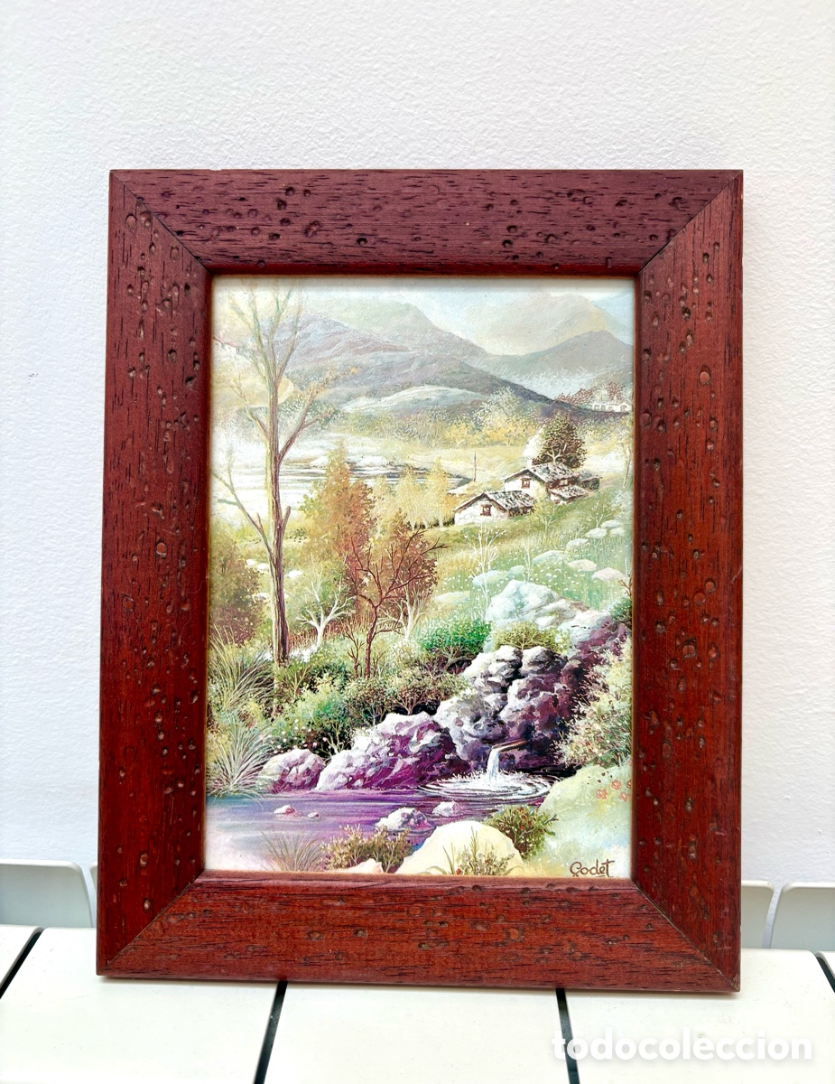 Otros Objetos de Arte: Cuadro Vintage Paisaje de Monta&ntilde;a - Firma Godet - Marco R&uacute;stico