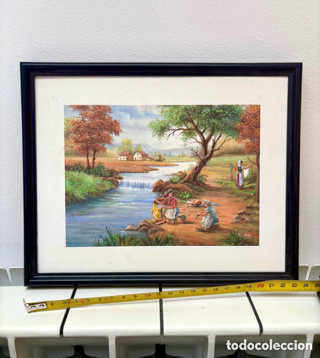 Otros Objetos de Arte: Cuadro decorativo esmaltado &rdquo;Lavanderas en el r&iacute;o&rdquo; - Firma Troky