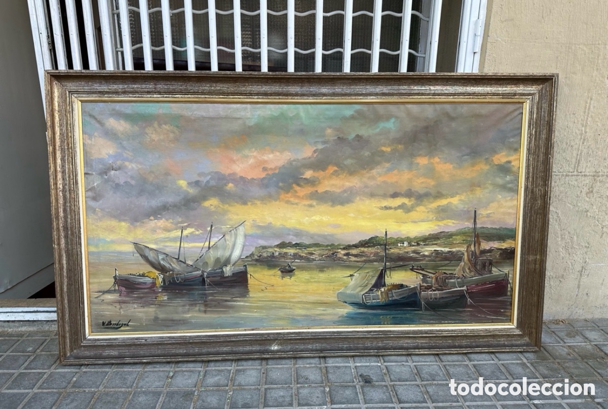 Otros Objetos de Arte: Victorino Berbegal marina de pescadores gran &oacute;leo sobre lienzo firmado gran formato