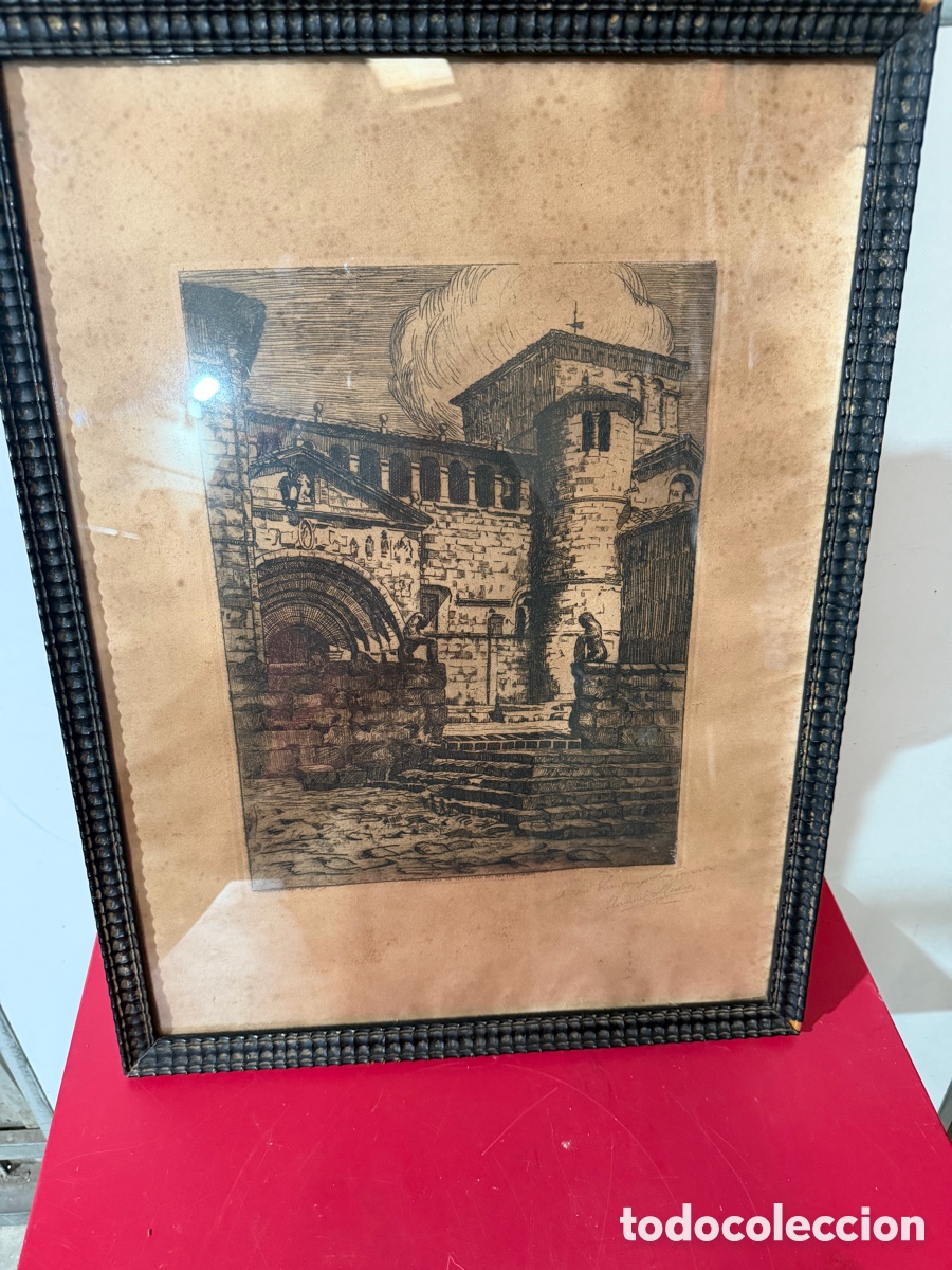 Otros Objetos de Arte: Antiguo aguafuerte original Santillana del Mar