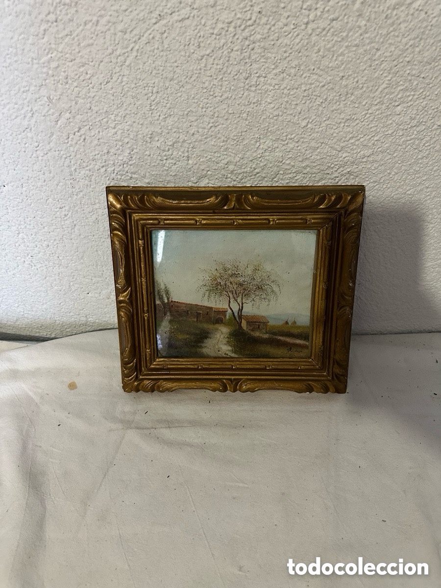 Art: &Oacute;leo sobre cristal paisaje rural con casa firmado enmarcado
