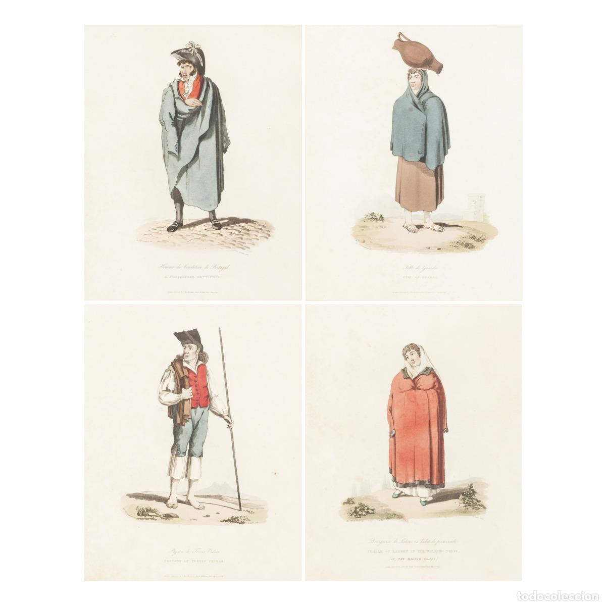 Art: Conjunto de cuatro litograf&iacute;as inglesas que ilustran trajes tradicionales portugueses, tanto femenin