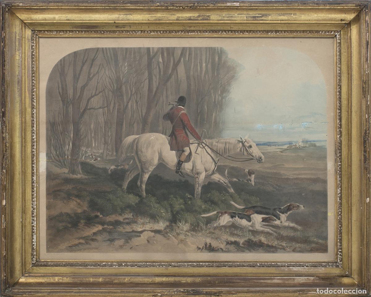 Arte: Dibujo ingl&eacute;s a color - 'Caza a caballo' (firmado)
