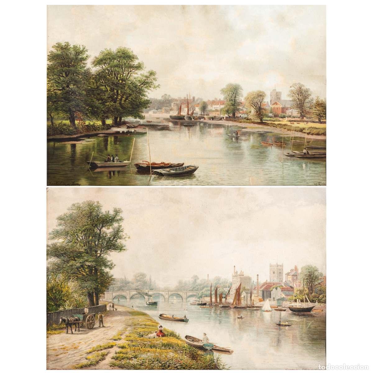 Arte: Par de grabados ingleses que representan paisajes fluviales (firmados).