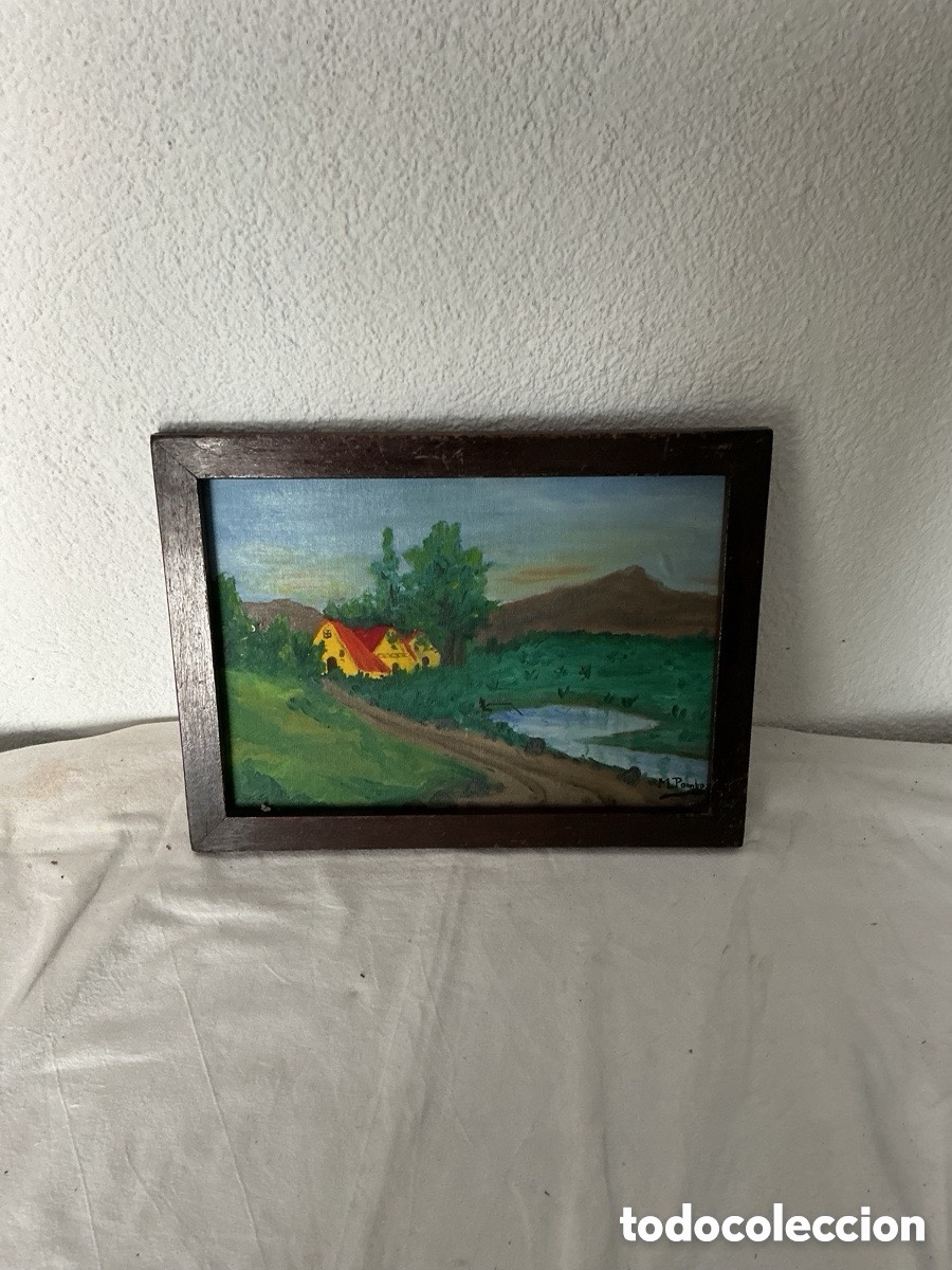 Arte: &Oacute;leo sobre lienzo paisaje rural firmado M Pambo casa campo enmarcado