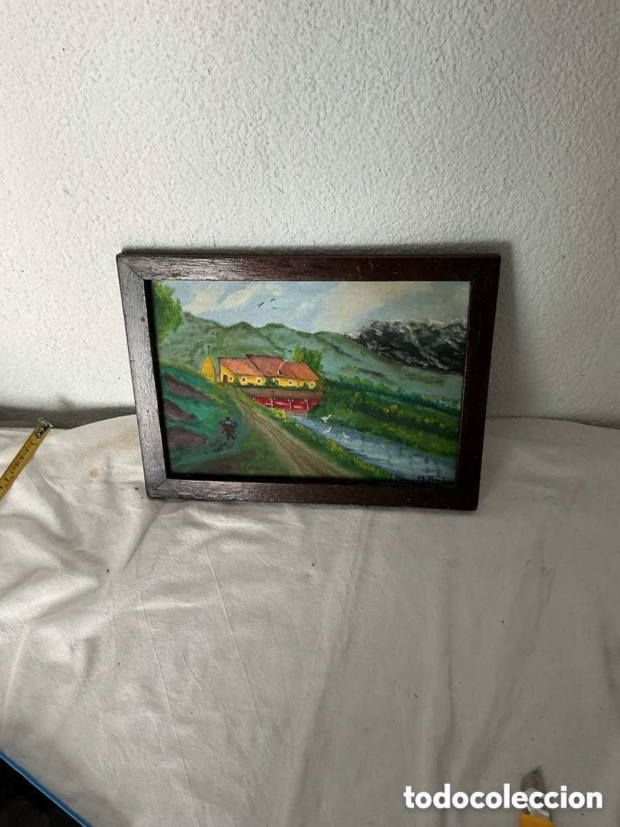 Arte: &Oacute;leo sobre lienzo paisaje rural firmado M Pambo casa r&iacute;o y monta&ntilde;a enmarcado