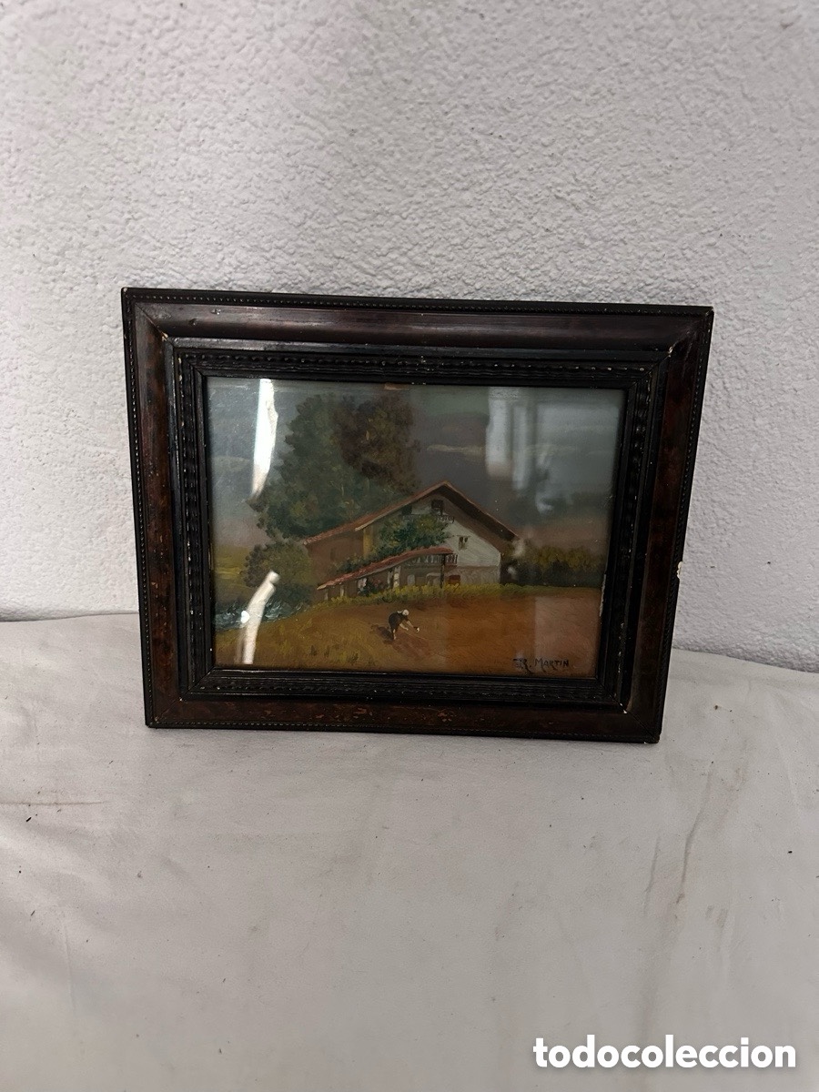 Otros Objetos de Arte: Cuadro pintura bajo doble cristal firmado M Mart&iacute;n escena rural enmarcado