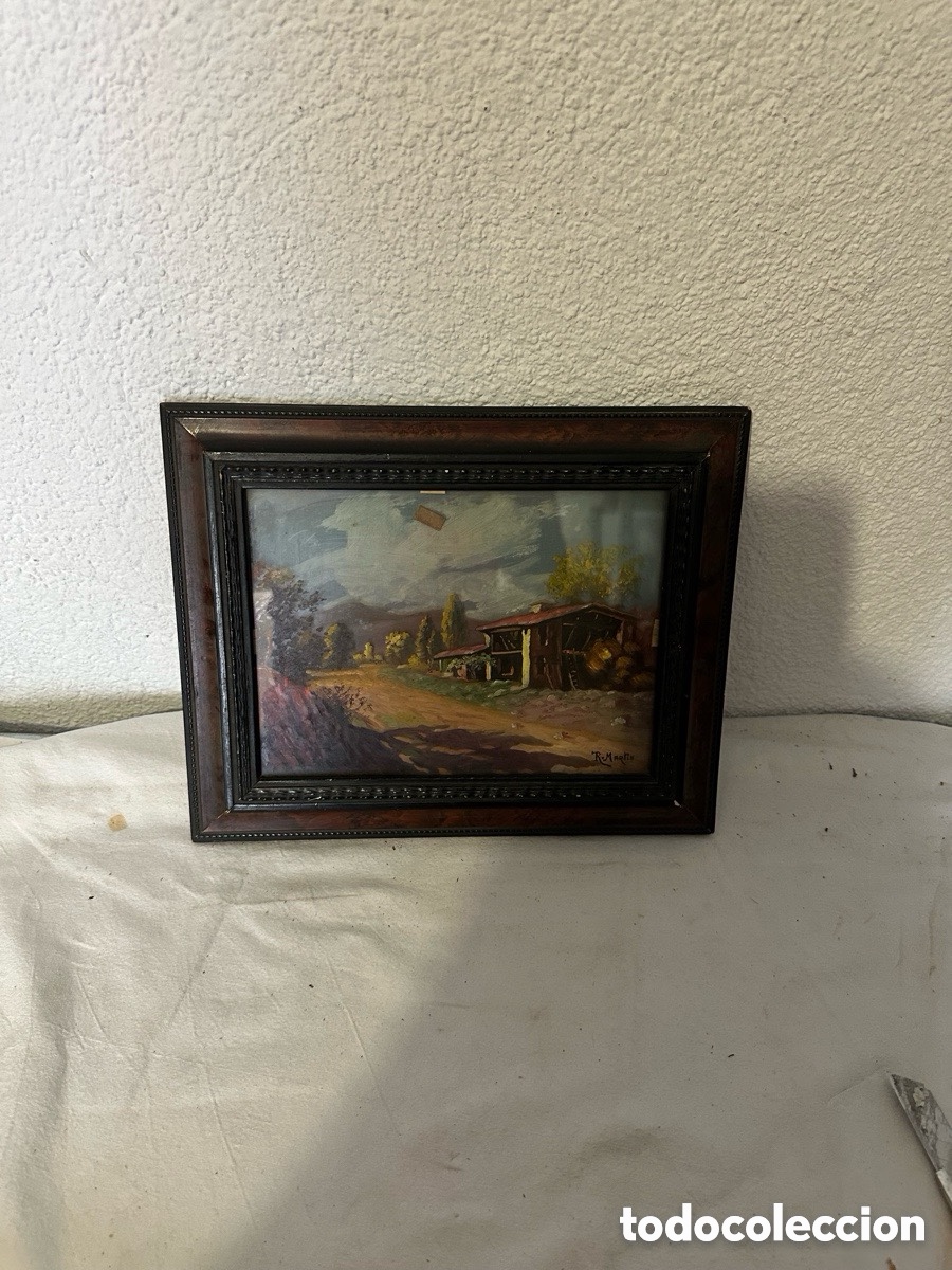 Other art objects: Pintura sobre cristal doble paisaje rural firmado enmarcado