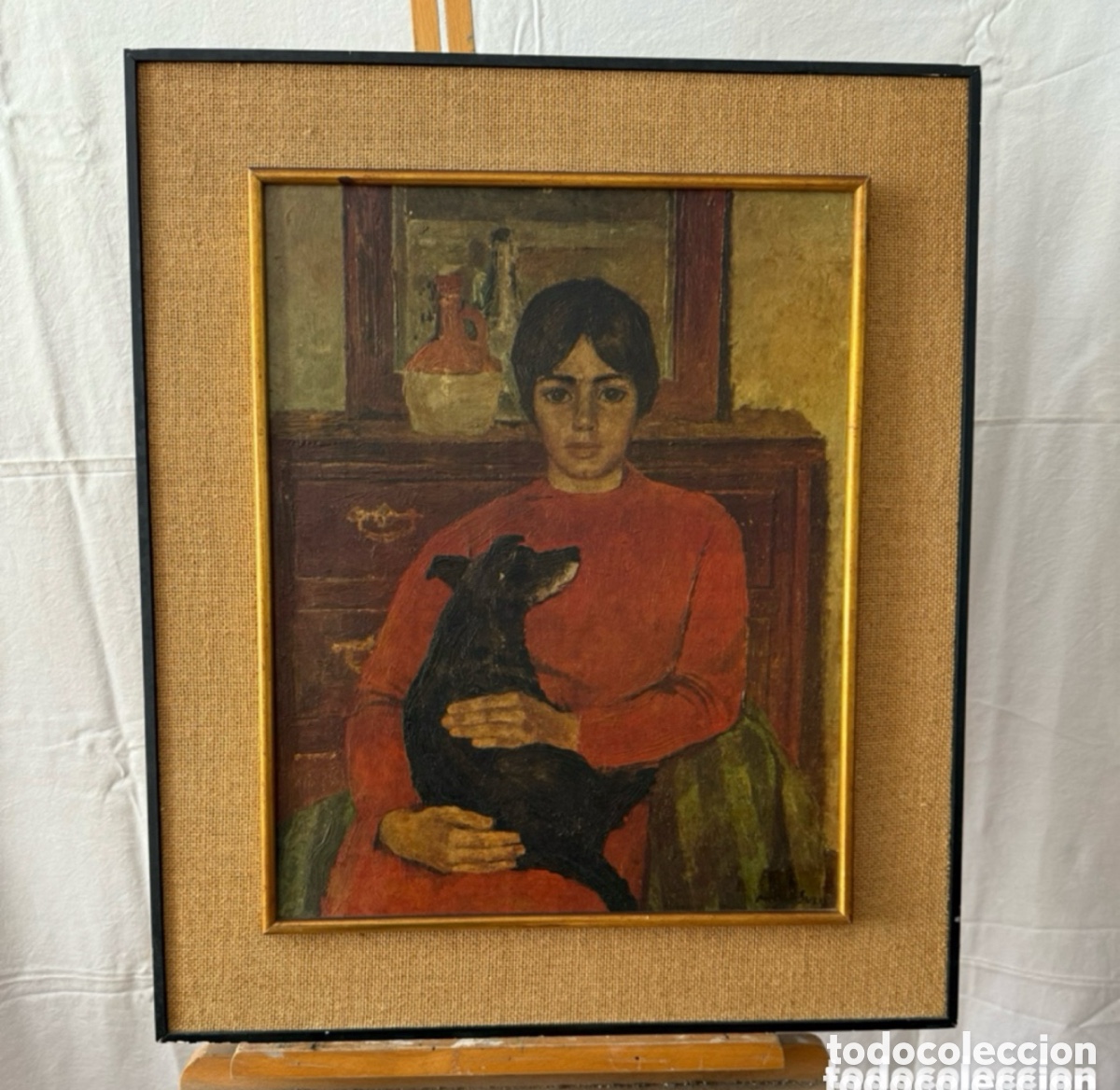 Art: Antiguo cuadro retrato femenino con perro escuela espa&ntilde;ola mediados siglo XX