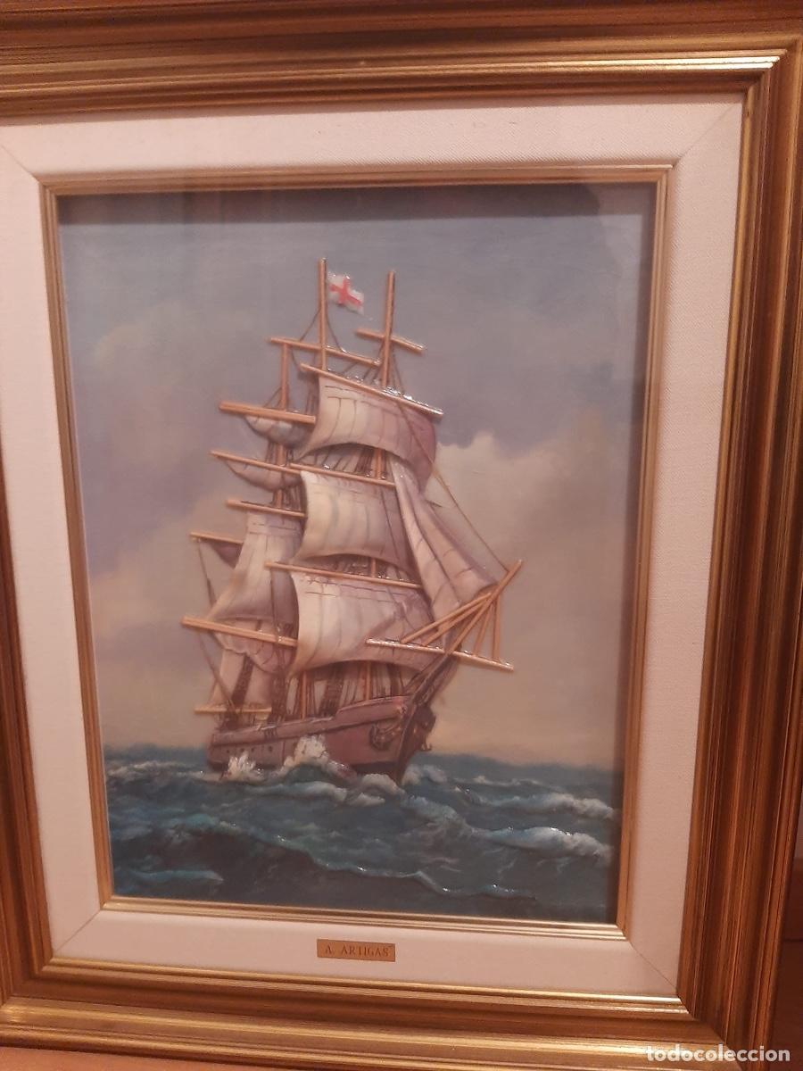 Otros Objetos de Arte: Cuadro relieve 3D velero marino firmado A. Artigas 40x30cm